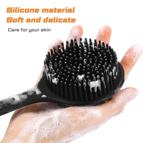 Sunnyray 4 Pack Scrubber Anti Slip for Shower, 15 Inch Soft Silicone Bath Body Brush Back Scrubber with Long Handle, Improved Skin Health Can Produce Foam for Men and Women, Black