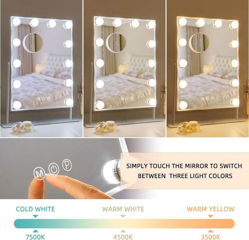 FENCHILIN Vanity Mirror with Lights, 19''x12'' Makeup Hollywood Mirror for Desk with 12 Bulbs Light Smart Touch Control 3 Colors Dimmable Detachable 10X Magnification Tabletop 360°Rotation