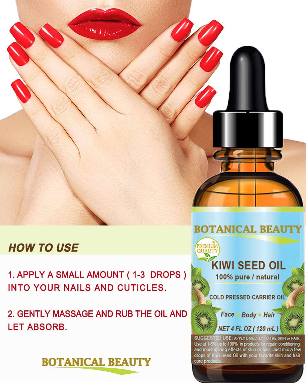 Kiwi Seed Oil - 100% Pure Natural Cold Pressed Carrier Oil for Face, Skin, Hair & Nails | 2 Fl Oz