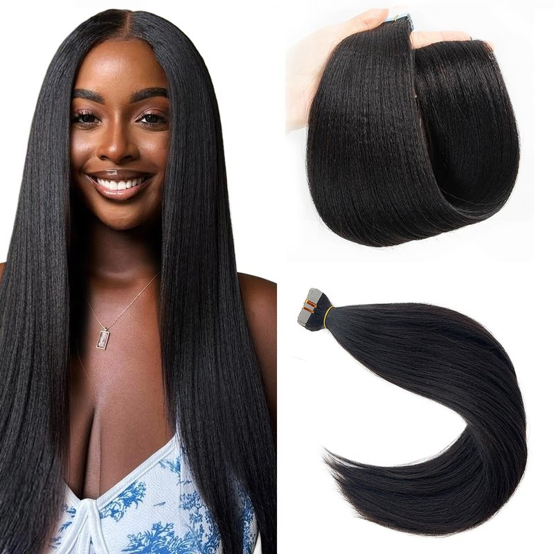 Yaki Tape in Extensions Human Hair Double Sided Relaxed Straight Black Real Remy Tape in Hair Extensions for Black Women Full Head 16 Inch Yaki Straight Tape in Bundles Natural Black 50g 20pcs