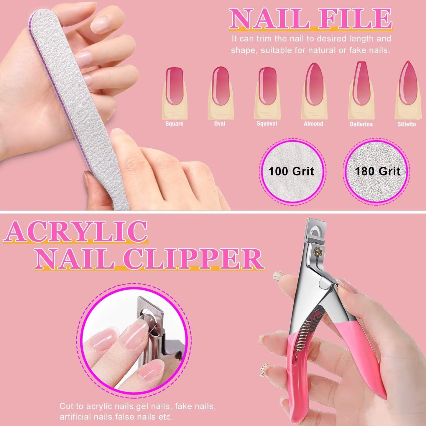 500 Pcs Square Nail Tips, AITRAI Long Nail Tips for Acrylic Nails Professional False Clear Acrylic Nail Kit with Glue, Adhesive Tabs Nail Clipper Files for Art DIY
