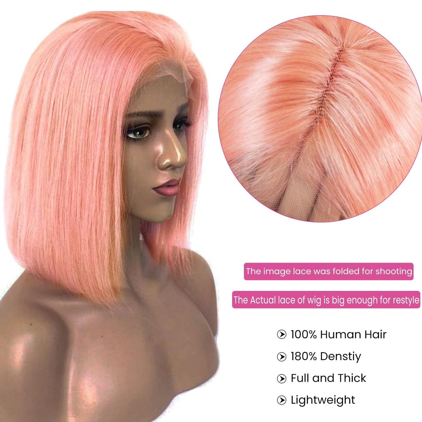 Bob Wig Human Hair Pink 13x4 Lace Front Wigs Human Hair, 180 Density Glueless Wigs Human Hair Pre Plucked Pre Cut 12 Inch Short Bob Wig Brazilian Virgin Human Hair Lace Front Wigs for Black Women