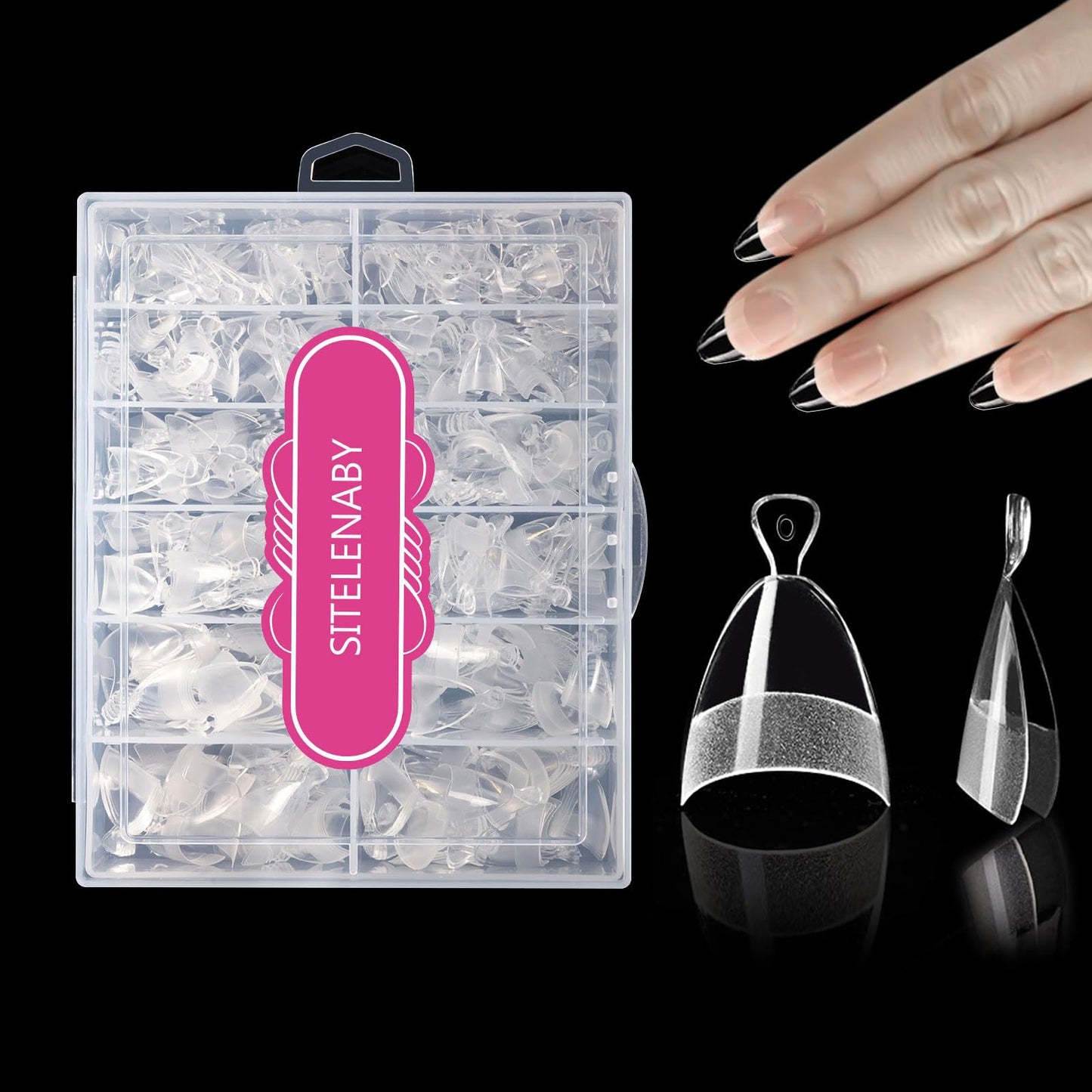 SITELENABY 600pcs Half Cover Short Almond Nail Tips, Extra Short Almond Soft Gel Nail Tips,Pre-designed Nails for Professional Salon 12 Size