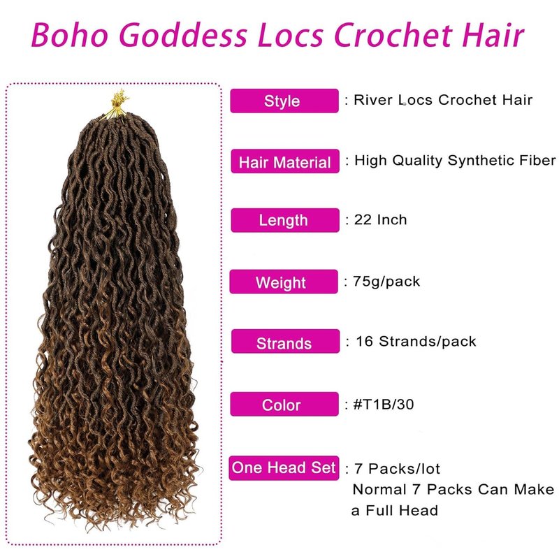 Goddess Locs Crochet Hair 22 Inch 7 Packs Ombre Brown Boho Faux Locs Crochet Hair for Black Women Pre Looped Crochet Locs with Curly Ends (1B/30)