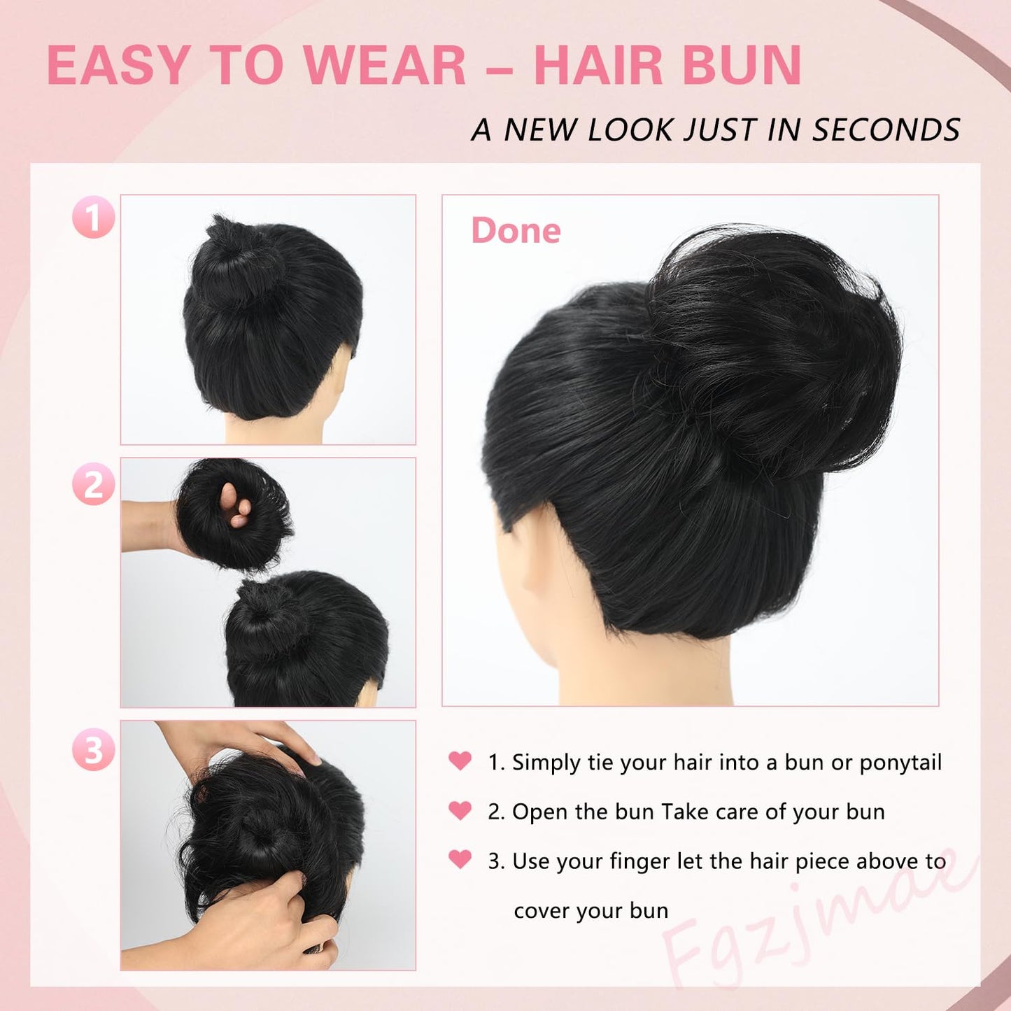 FGZJMAE Human Hair Bun #1B Natural Black Wavy Tousled Stretchy Fluffy Donut Updo Human Hair Bun Extension Chignons Scrunchies Ponytail Extensions(2 Count #1B Natural Black