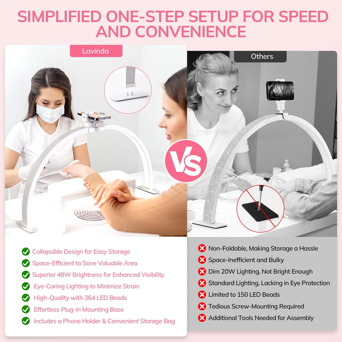 Lavinda Large Half Moon Light for Nail Desk, 29'' Nail Table Lamp with Phone Holder, 3000K-6000K Dimmable LED Desk Lamp with Wire Controller for Manicure DIY, Eyelash Extension, Skincare, Tattoo