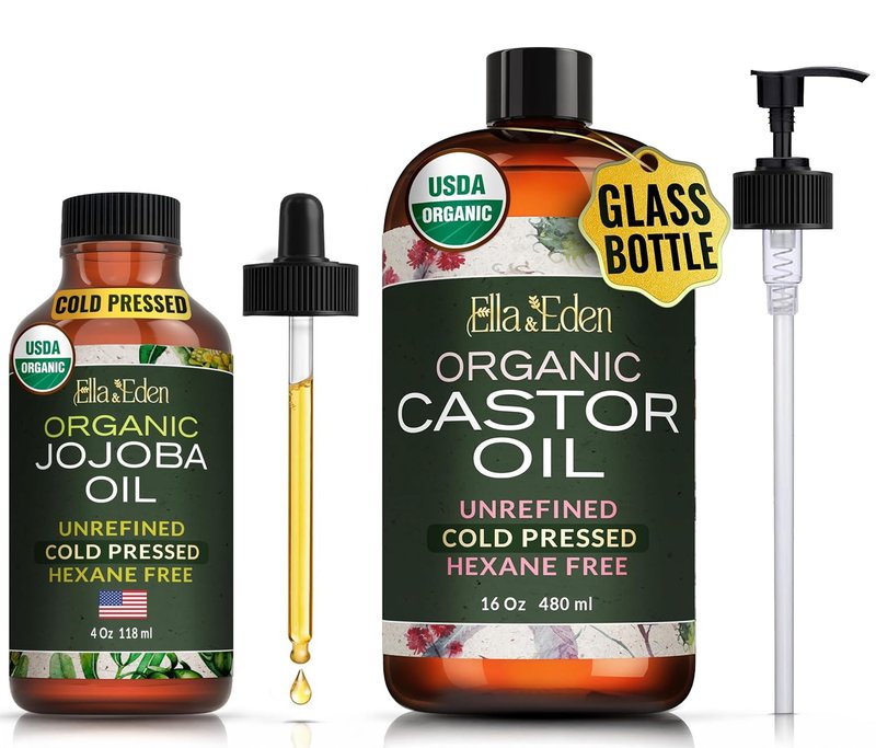 Organic Castor Oil 16 Oz & Jojoba Oil 4 Oz - Cold-Pressed, Unrefined, Hexane-Free | Hair, Skin, Face, Nails Care