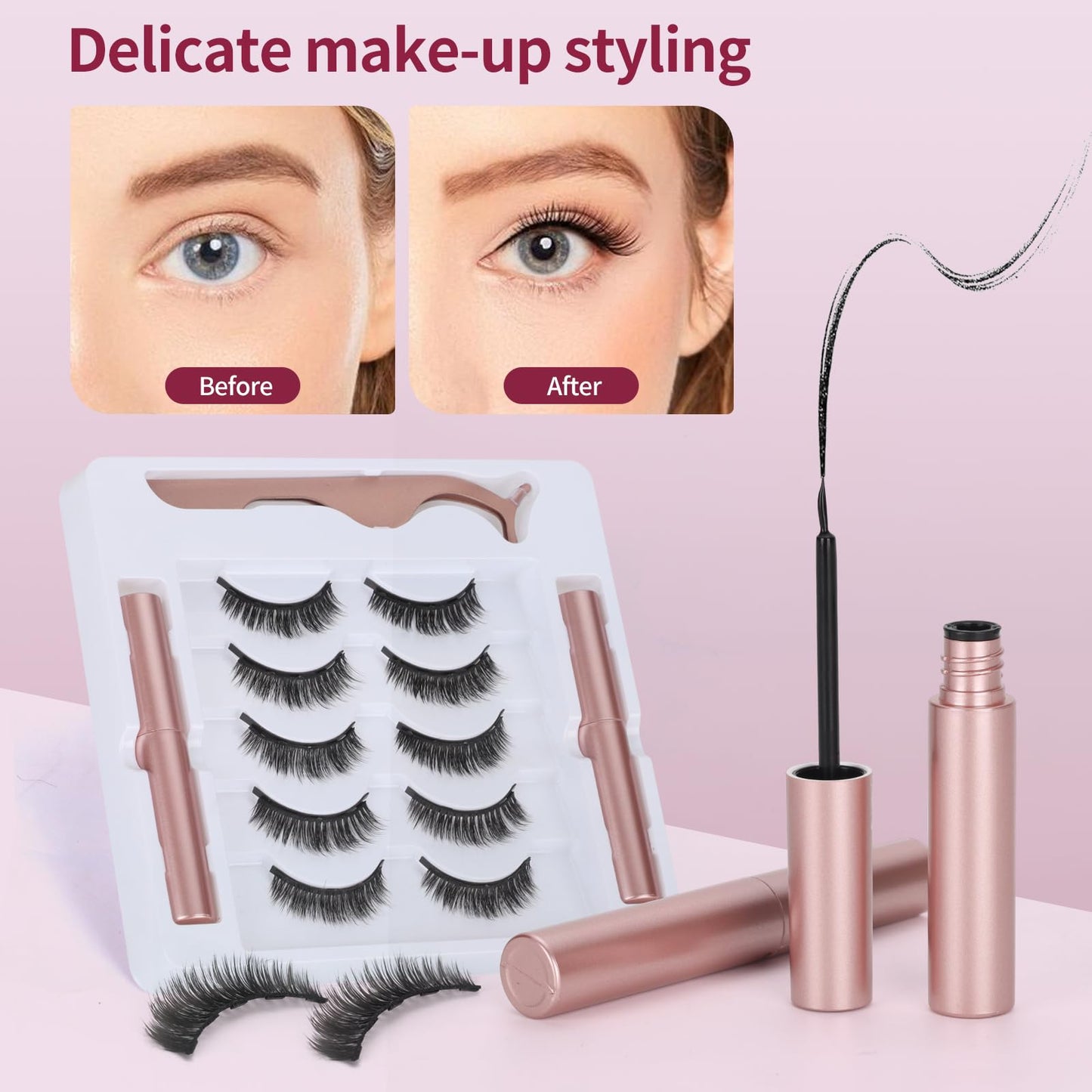 Houldhowd Magnetic eyelashes with eyeliner (5 pairs), is simple and convenient to wear, can be reused, glue-free, and can be used longer with 2 eyeliners (natural styles)