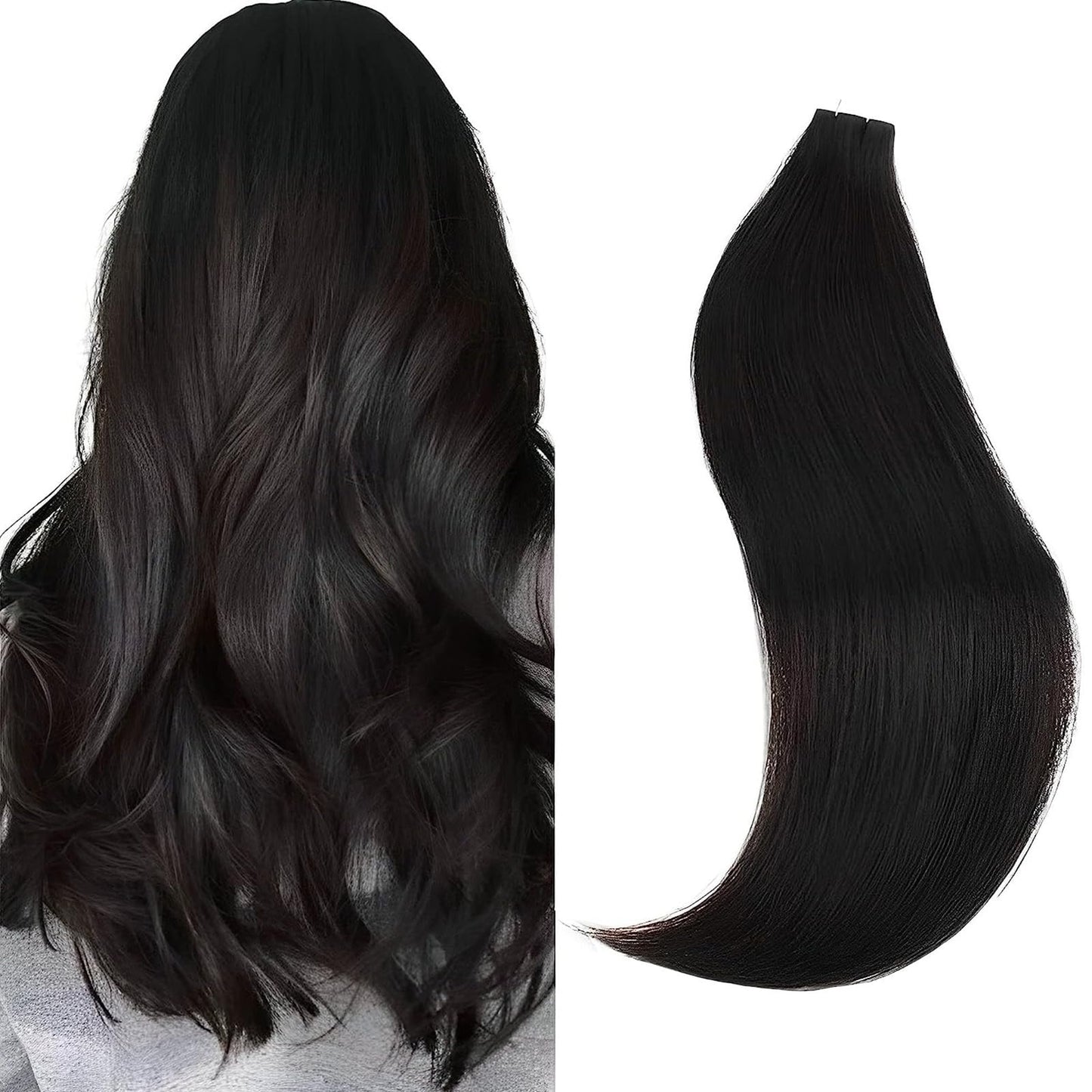 Sixstarhair Semi-Permanent Pre-taped Tape In Hair Extensions Traceable Remy Human Hair New Trend Invisible, Seamless and Reusable, Off Black Tape In Hair [Color 1B#-16inch]