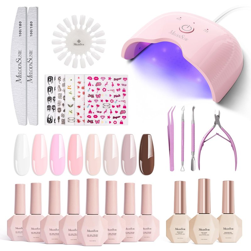 MelodySusie Gel Nail Polish Kit with UV Light P-ART06F- Popular Color Gel with Builder and Baser &Glossy Top Coat Soak Off Includes Nail Art Tools Nail Art Gift for Women & Girls