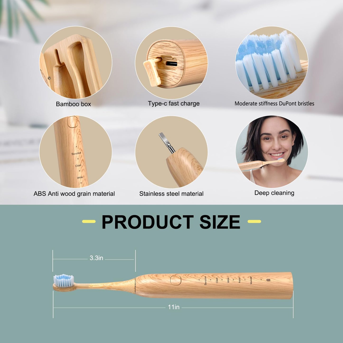 MgcSto Sonic Electric Bamboo Toothbrush for Adults -5 Adjustable Cleaning Modes -Includes 2 Bamboo Heads with Castor Oil Bristles - Upgraded IPX7 Waterprood -Convenient Charging & Travel Case