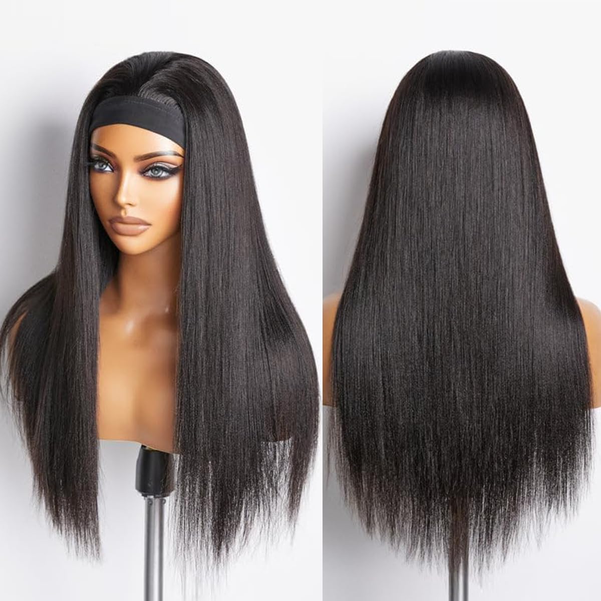 Unvizossa Headband Wig Human Hair 14 Inch Straight Headband Wigs for Black Women Glueless Straight None Lace Front Wig Human Hair Machine Made Wigs Natural Black 150% Density