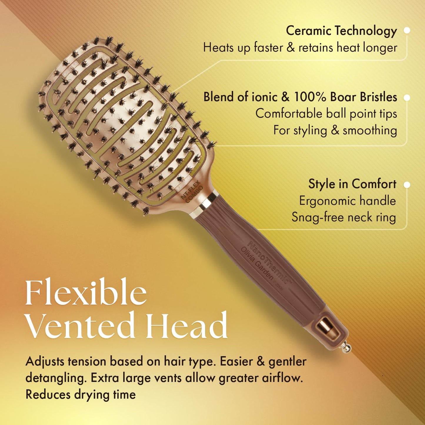 Olivia Garden NanoThermic Ceramic + Ion Flex Scalp-Hugging & Vented Hair Brush NT-FLEXCO (Combo)