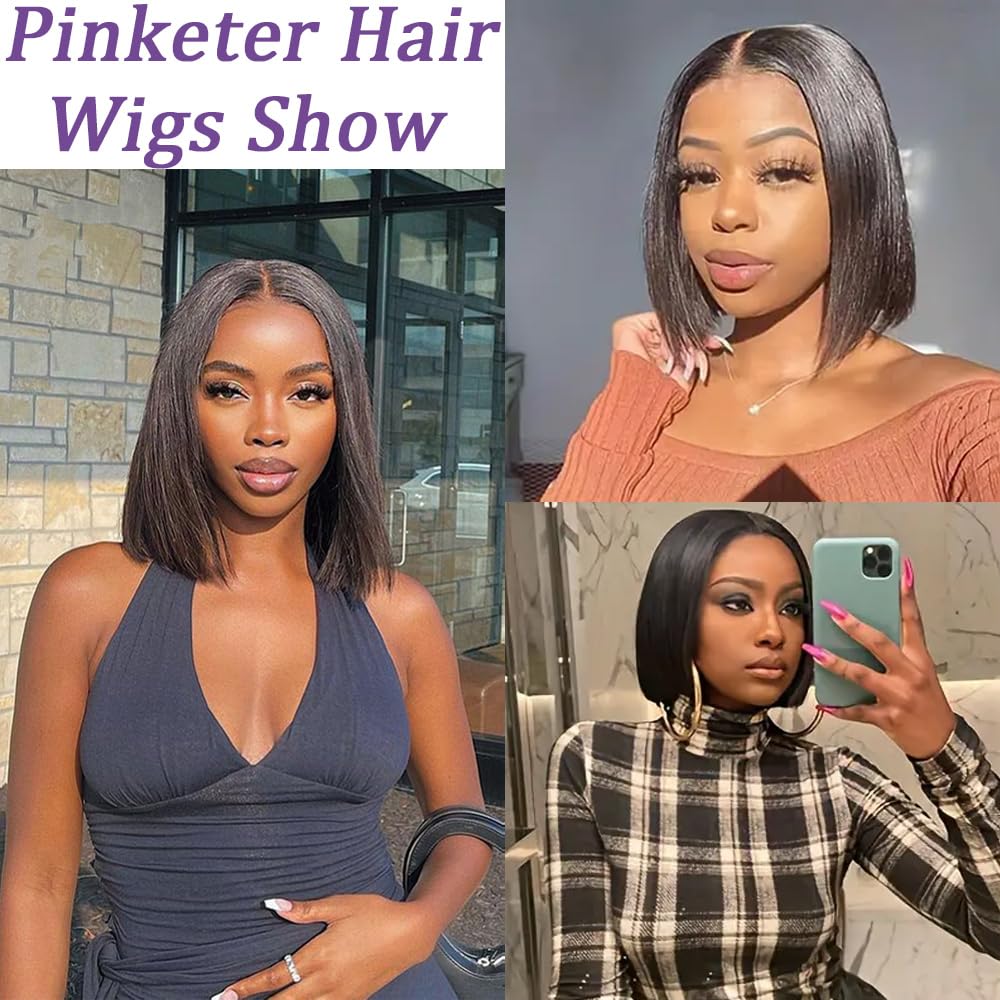 Pinketer Glueless Wigs Human Hair Pre Plucked Pre Cut Wear and Go Straight Bob Wigs 4x4 Lace Closure Wigs 180% Density Short Human Hair Wigs for Black Women (Glueless Wig, 12inch)