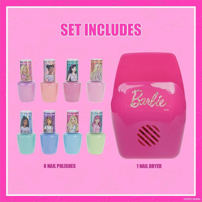 Barbie Non-Toxic Peel-Off Nail Polish Set for Kids - Safe Water-Based Formula | Includes Nail Dryer, Ages 3+