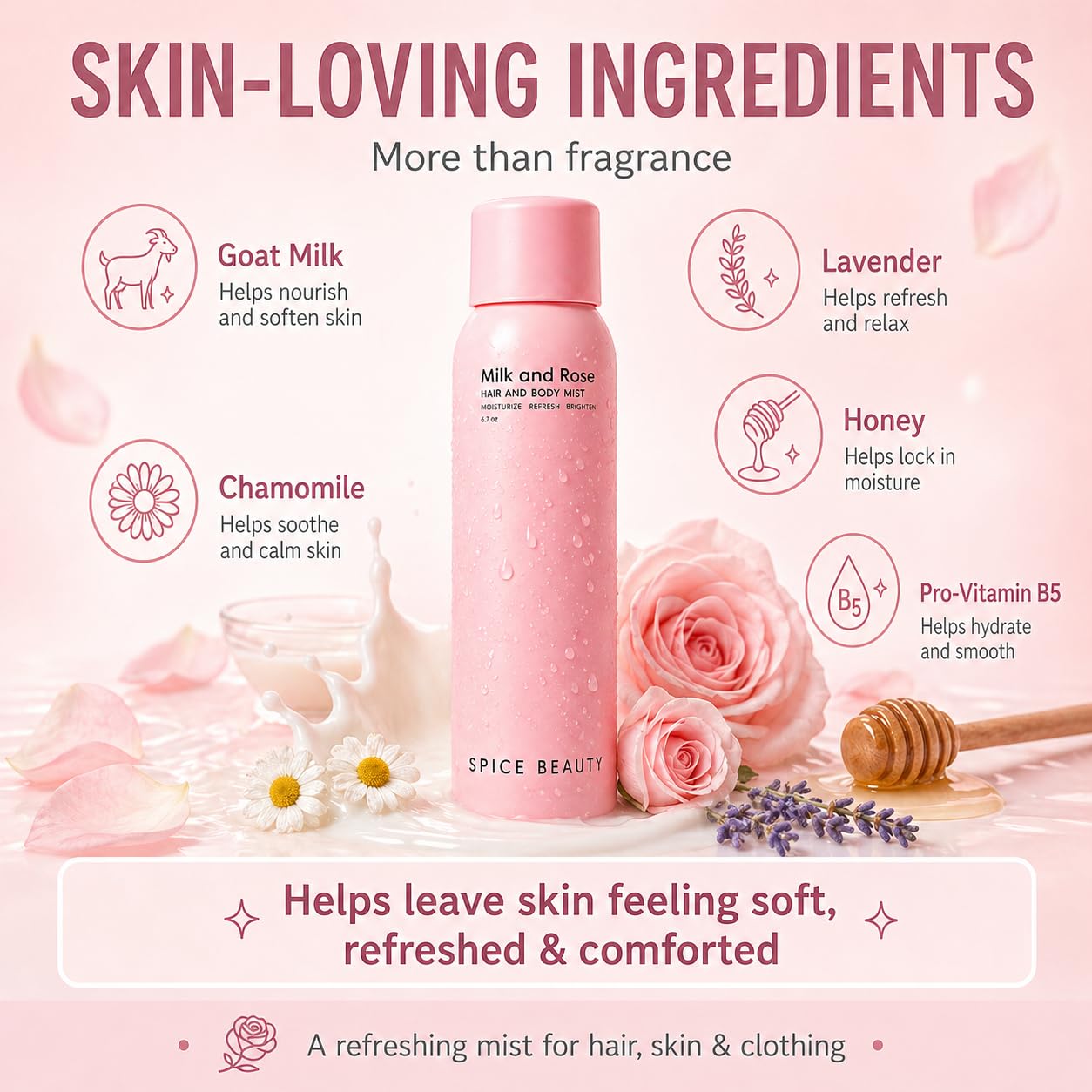 SPICE BEAUTY Milk & Rose Hair & Body Mist | Hydrating Floral Mist for Hair, Skin & Clothing | Rose, Goat Milk & Skin-Loving Ingredients | 6.7 oz