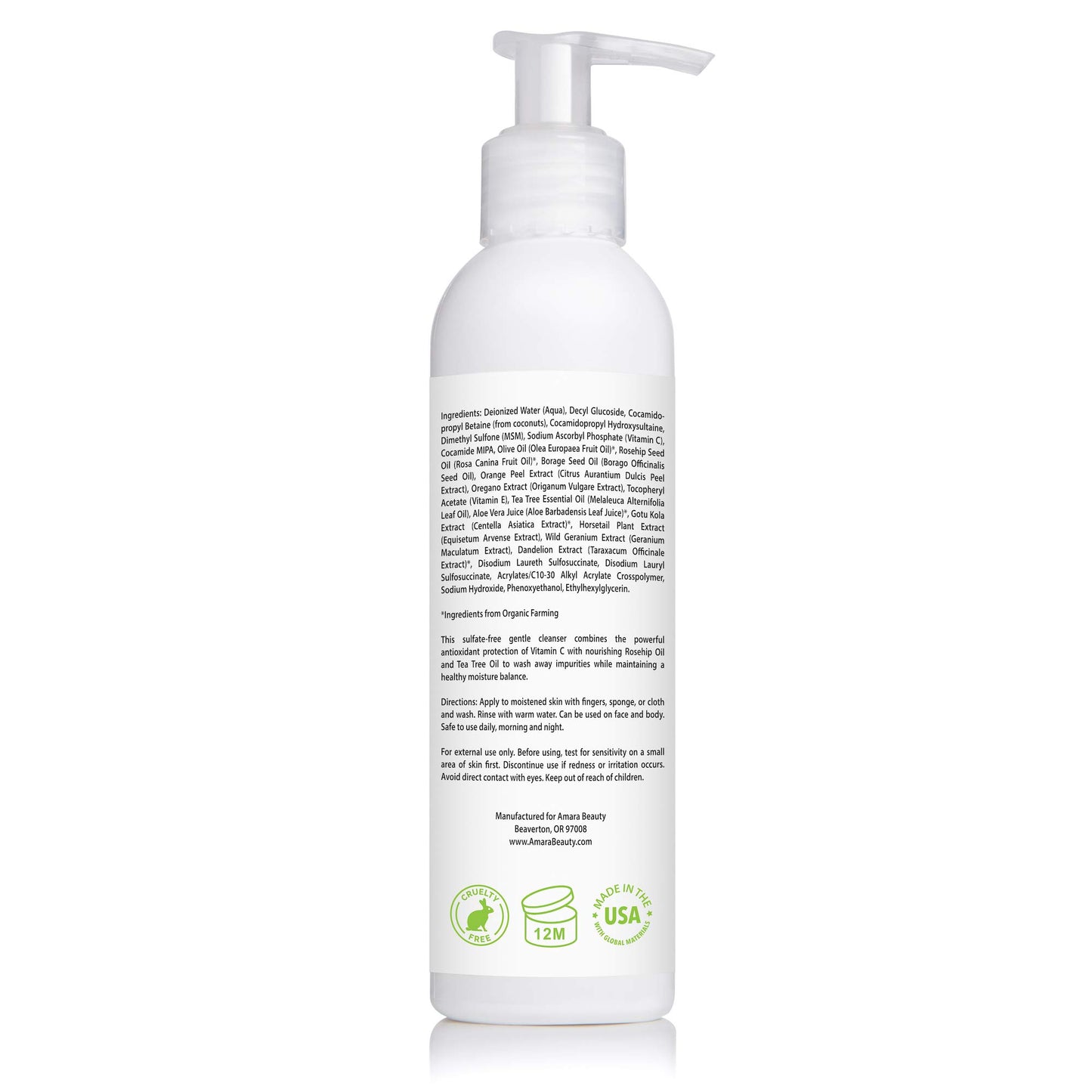 Amara Beauty Facial Cleanser with 15% Vitamin C, Aloe Vera, Rosehip Oil & Tea Tree Oil, 6 fl. oz.
