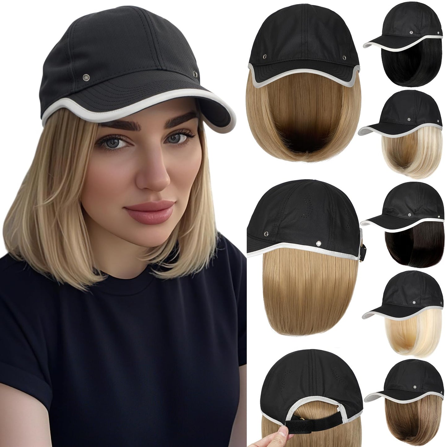 Qlenkay Waterproof Baseball Cap Attached with Curly Wavy Bob Hair Soft Crown Adjustable Quick Dry Hat Wig 14in Short Synthetic Hairpiece for Women Ash Blonde Mix Light Brown