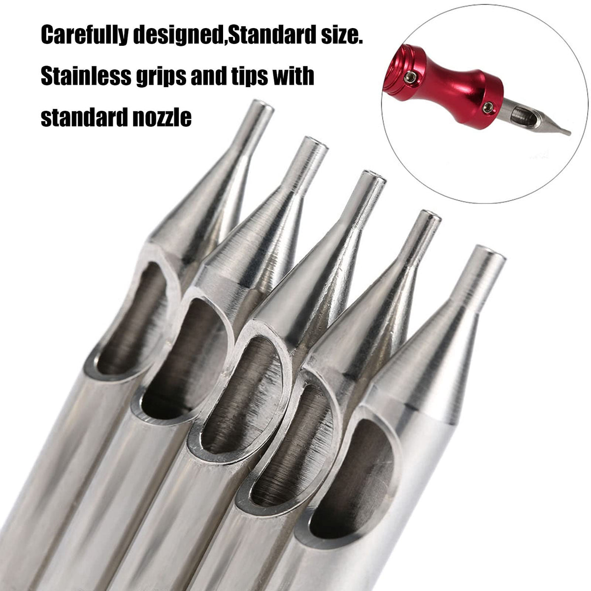 SOTICA Traditional Tattoo Tips and Grips - 3 Pcs Aluminum Grips & 22 Pcs Stainless Steel Tips (Round, Diamond, Magnum, RT, DT, FT Nozzle)