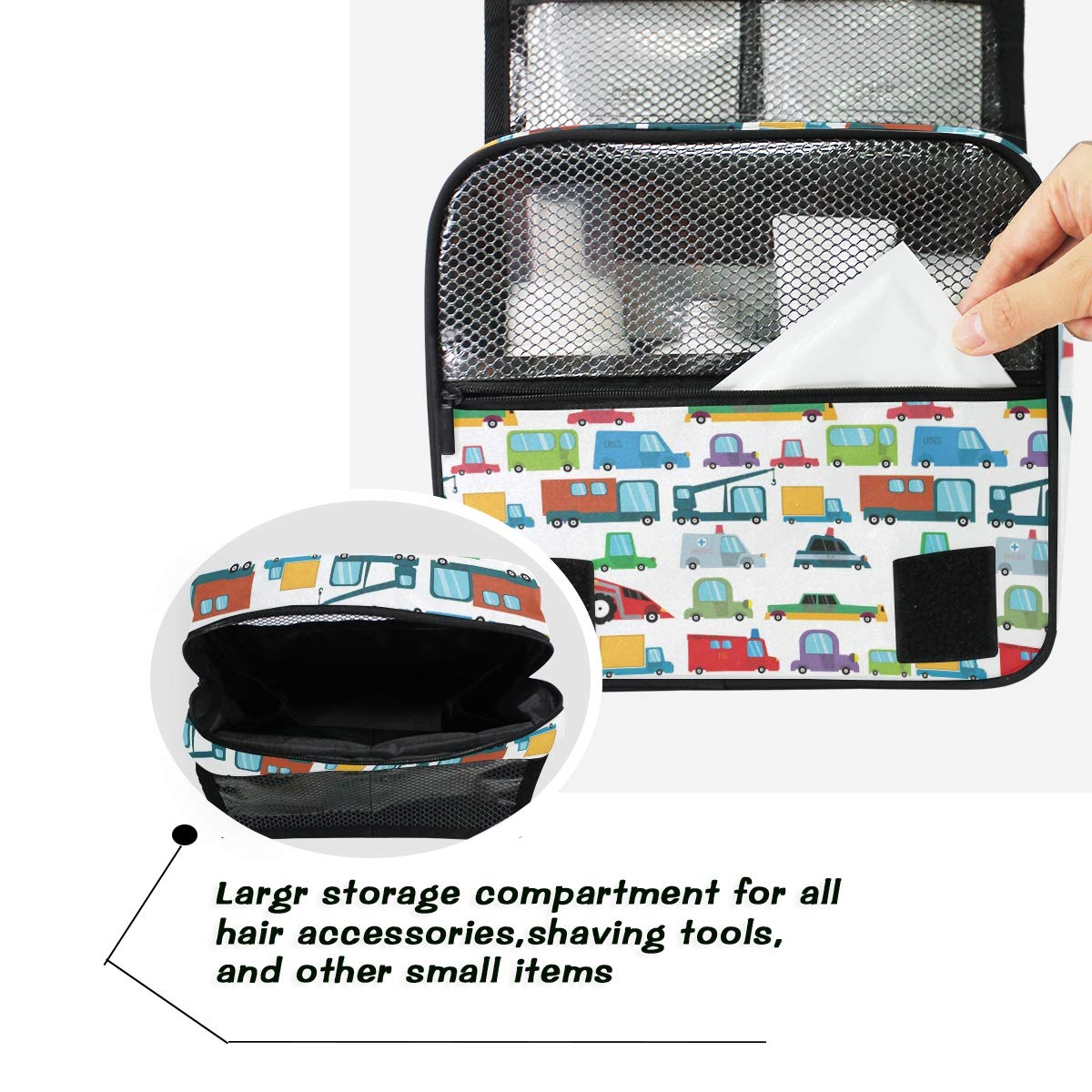 senya Hanging Travel Toiletry Bag Kit Boys Makeup Case Cosmetics Organizer for Men Women (Cartoon Boy Cars)