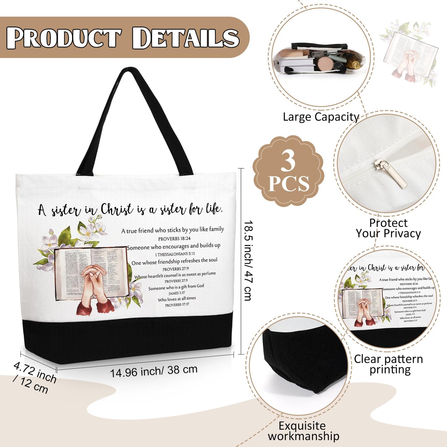 Paterr 12 Pcs 250th Anniversary Christian Tote Bags for Women, Bible Tote Bag and Canva Makeup Bag Inspirational Gifts for Teacher Nurse Ladies Sister Birthday Friendship Old Maids (Sister in Christ)