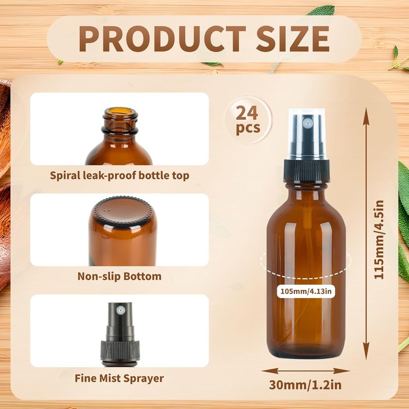 Billionstars 24 Pack Glass Boston Round Bottles - 2oz Amber Mist Sprayers for Essential Oils | Leakproof Travel Containers