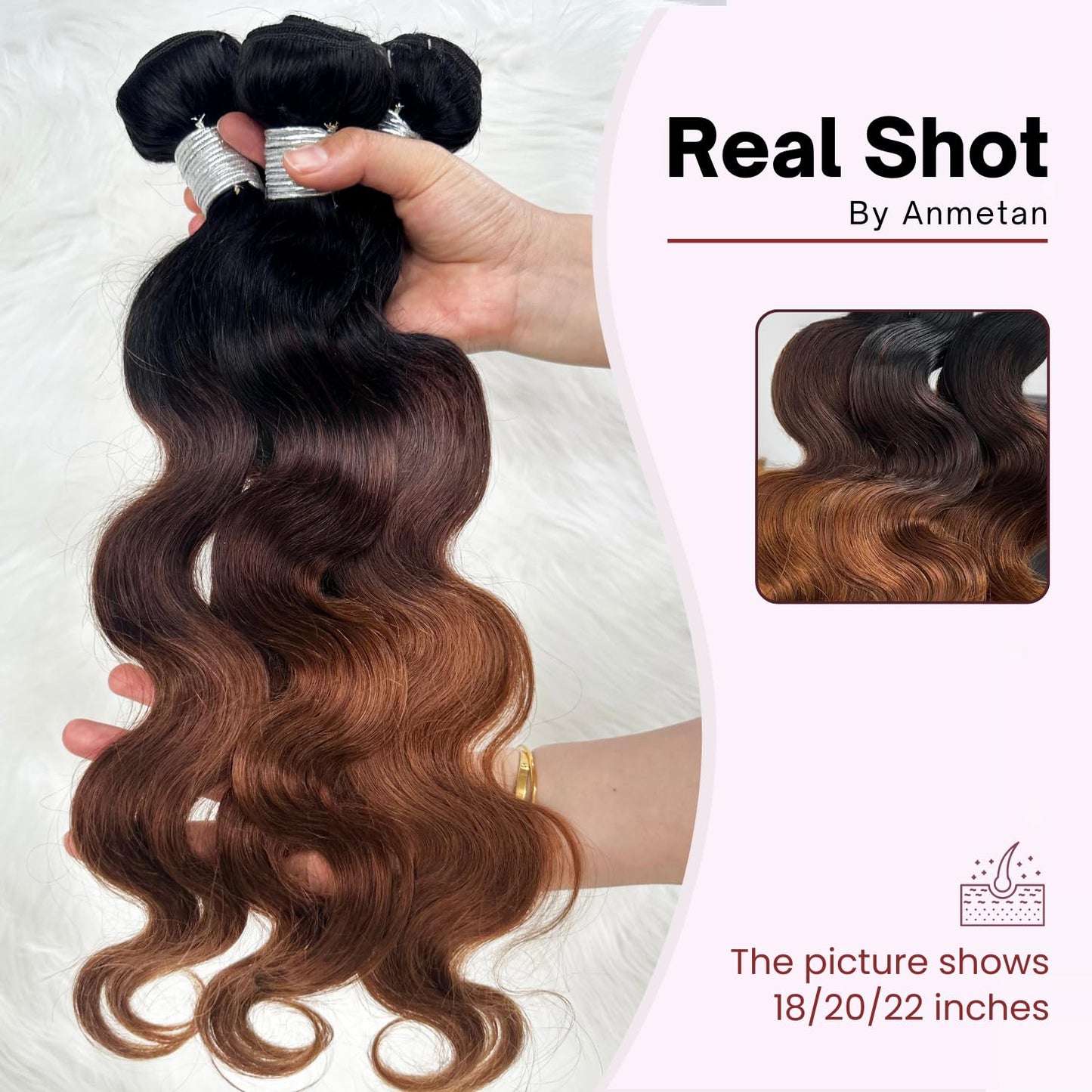 ANMETAN Chestnut Brown Ombre Color T1B/2/30 Human Hair Body Wave Single Bundle, Thick 12A Brown 3 Tone Ombre Bundles With Dark Roots 100% Remy Hair Wavy Sew In Quick Weave Keep Soft after Washes 12 IN