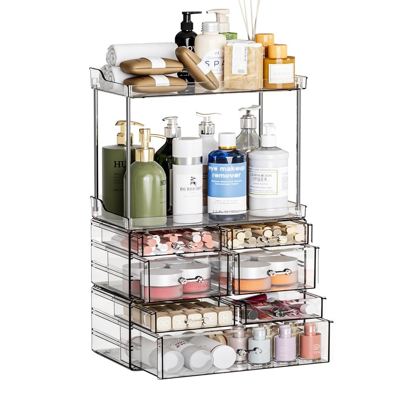3 Pack Bathroom Organizers and Storage Countertop With 7 Drawers,Stackable Vanity Drawer Organizer for Makeup,18.9" Tall Large Capacity Skincare Organizer and Exquisite Makeup Organizer,Black