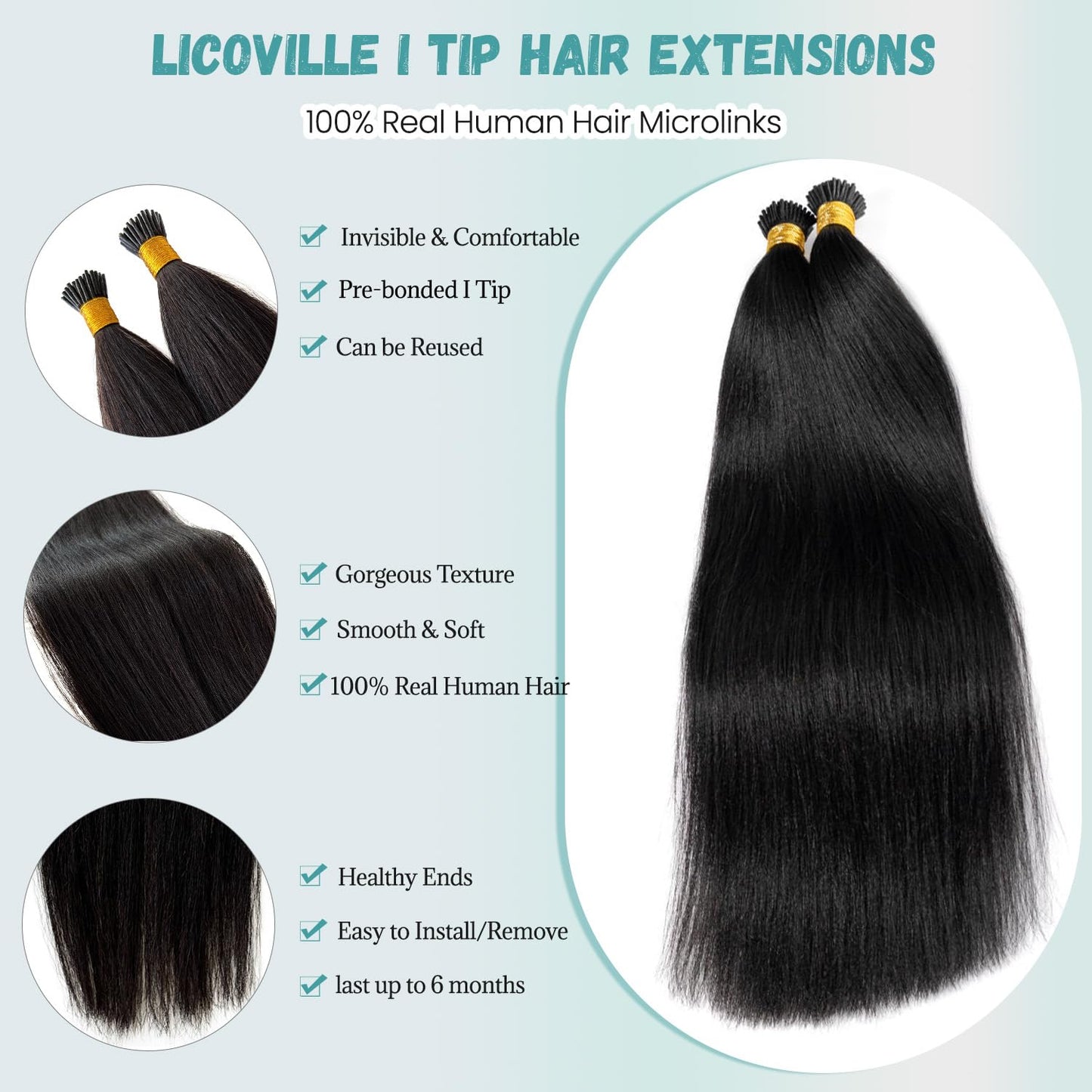 I Tip Hair Extensions Yaki Straight Itip Human Hair Extension, 22 Inch 50G, #1B Natural Black Light Yaki Straight Invisible Keratin Tip Hair Extensions Real Human Hair Easy to Curl 50 Strands