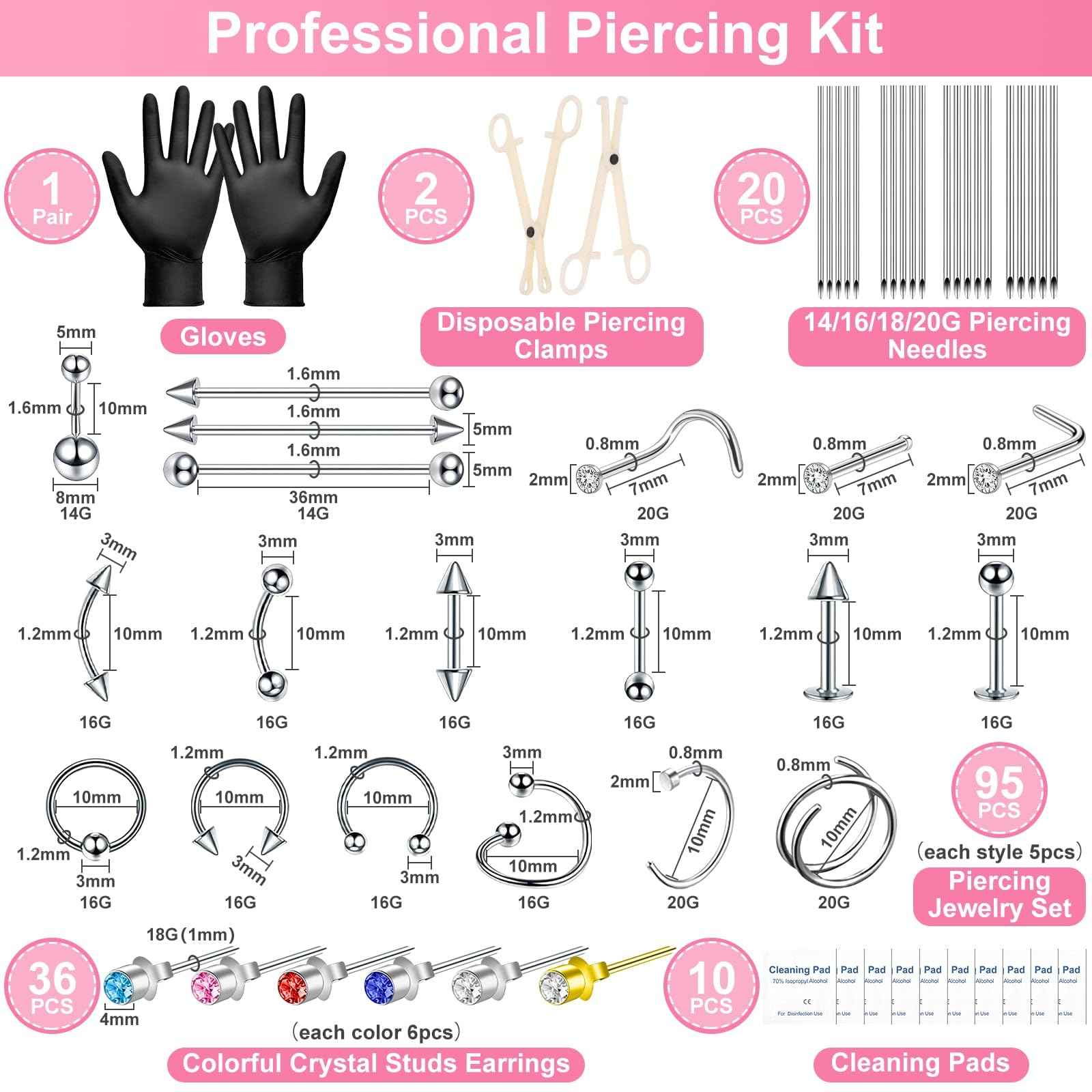 164PCS Body Septum Piercing Kit with 14G/16G/18G/20G Piercing Needles Piercing Jewelry and Tools for Ear Nose Belly Button Nipple Lip Cartilage Eyebrow Tongue Navel Piercing Kit for All Piercings