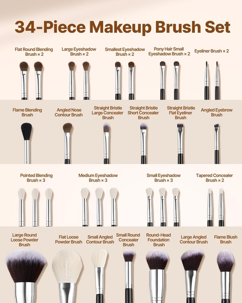 VEVOR 34-Piece Makeup Brush Set, Professional Makeup Brushes Kit for Foundation Blending Eyeshadow Concealer Blush - with Soft Bristles, Ergonomic Wood Handle, Travel-Friendly Case Included