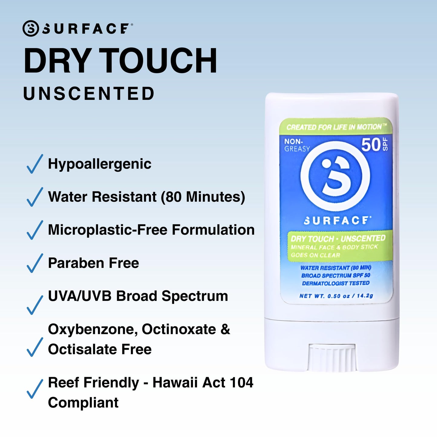 Surface Sunscreen Mineral Face Stick, Dry Touch SPF 50, Broad Spectrum UVA UVB Sun Protection for Kids and Adults, Travel Friendly, Water Resistant for 80 Minutes, Fragrance Free, 0.5oz