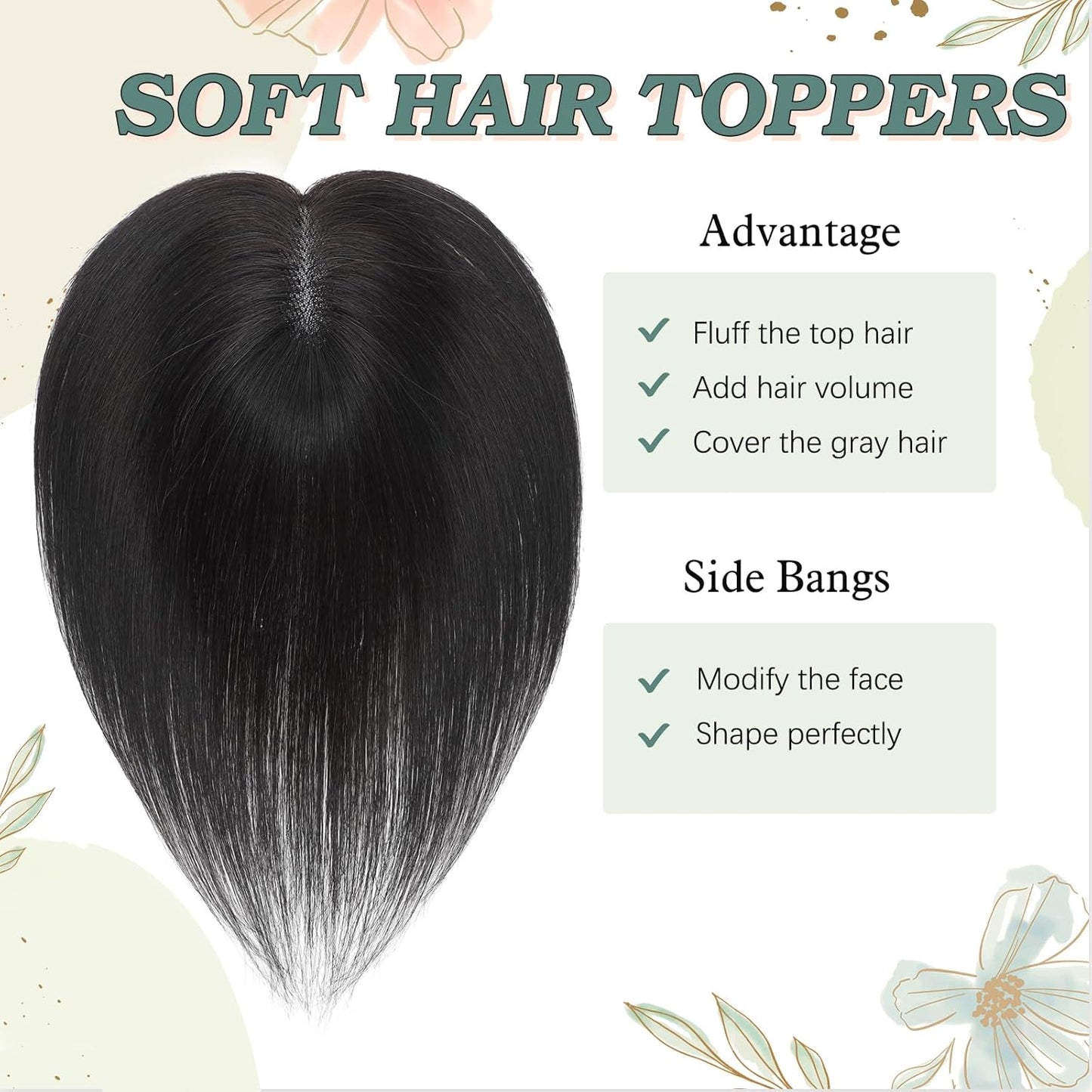 Black Hair Toppers for Women - Real Human Hair 3D Design | No Bangs, 10 Inch for Thinning Hair
