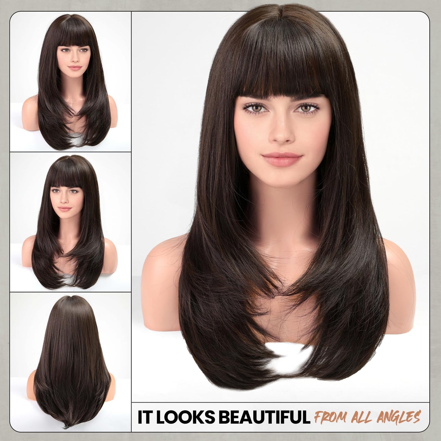 EMMOR Dark Brown Wig With Bangs For Women Long Straight Synthetic Wig Brunette Layered Hairstyle Wigs For Girls Party Cosplay And Daily Use(26" Dark Brown)