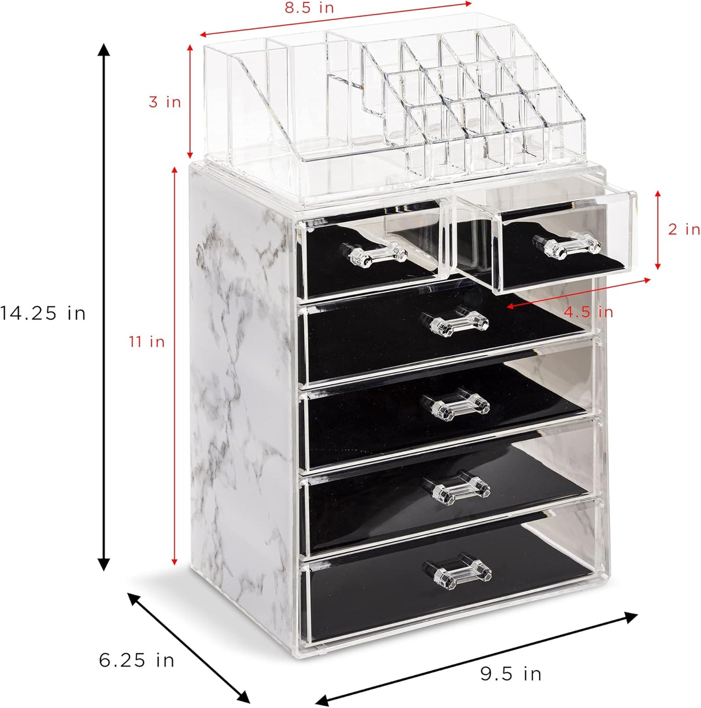 Acrylic Makeup Organizer Set - 6-Drawer Vanity & Countertop Storage | Marble Print for Brushes & Jewelry