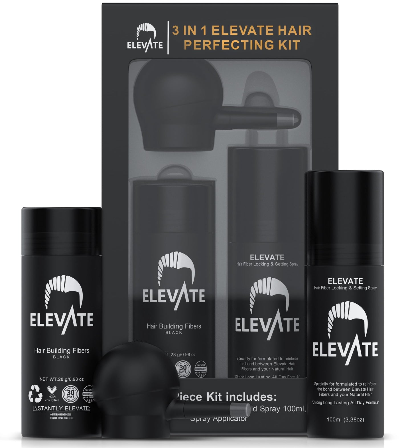 ELEVATE Hair Perfecting 3-in-1 Kit Includes Natural Hair Thickening Fibers & Spray Applicator Pump Nozzle & Locking Setting Hold Spray | Instantly Conceal Balding and Thinning Areas (Black)