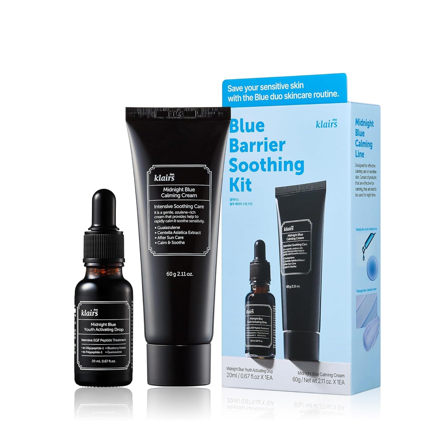DearKlairs Midnight Blue Barrier Soothing Kit - Oily & Sensitive Skin Care Duo | Calming Drop & Cream (2.78 Fl Oz)