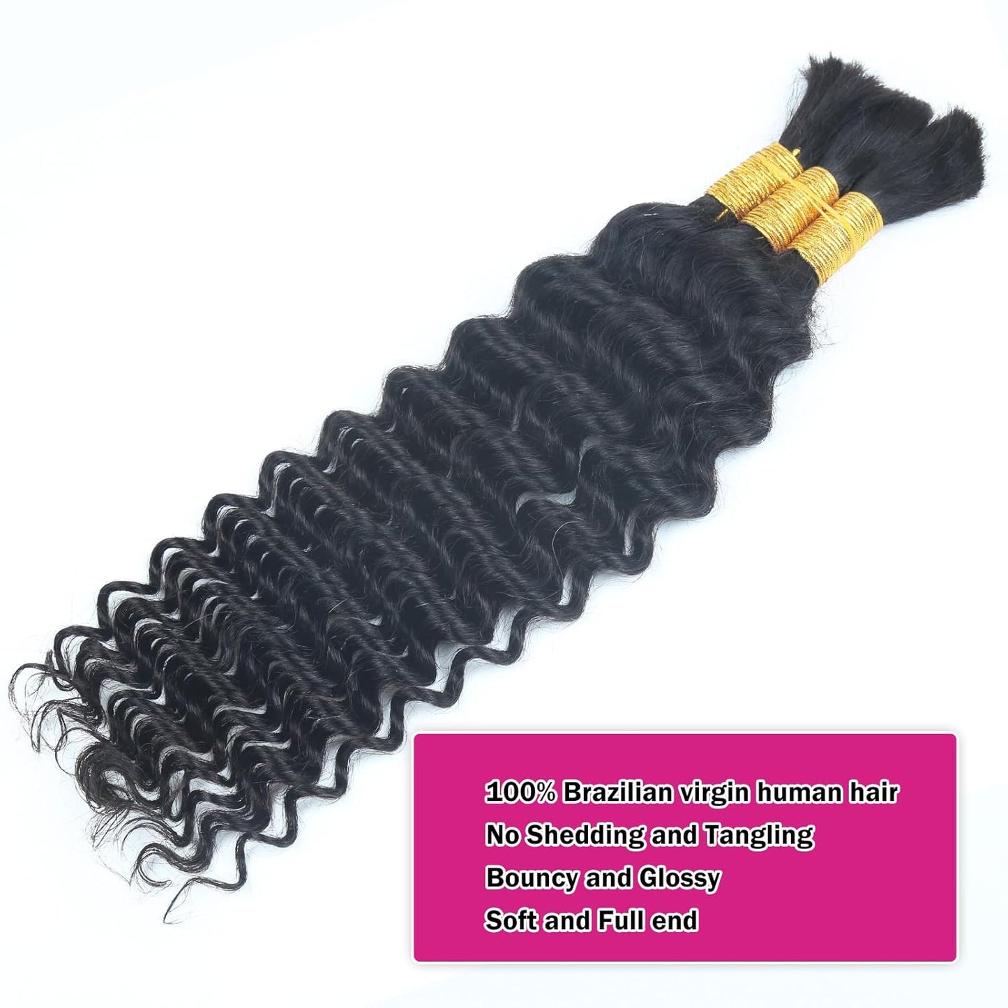 Human Braiding Hair - 20 Inch Curly Boho Braids | 110g Deep Wave Bulk Hair, Natural Black - 3 Bundles