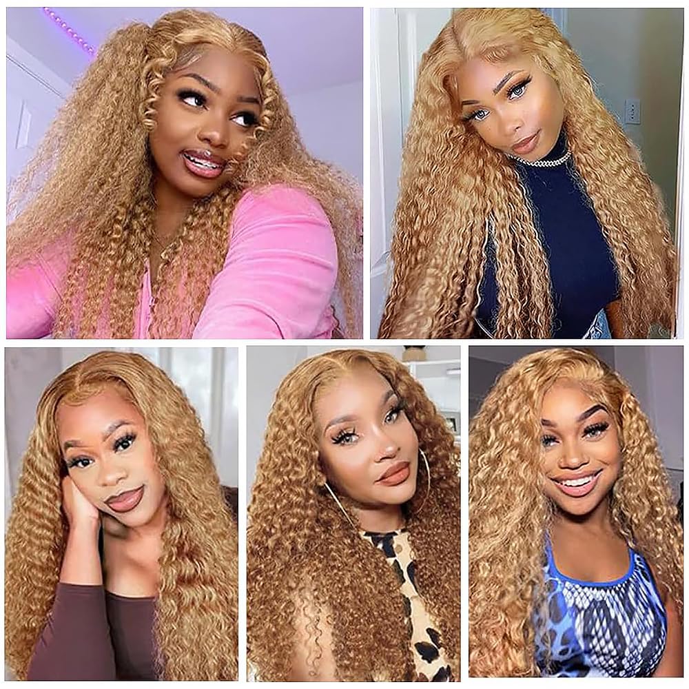 Honey Blonde Human Hair Bundles 16 18 20 Inch Kinky Curly Wave Bundles Human Hair Unprocessed Native Virgin Hair 100/PC 3 Extensions #27 Blonde Color Wet and Wavy Human Hair Extensions for Women