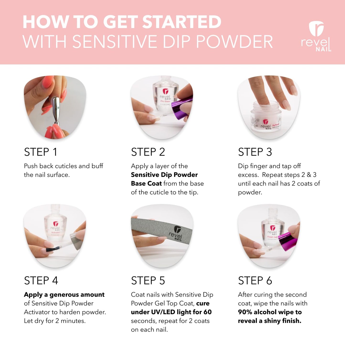 Revel Nail Sensitive Dip Powder Liquid Set - Base Coat, Activator, Gel Top Coat, Hema Free, Suitable for Sensitive Nails