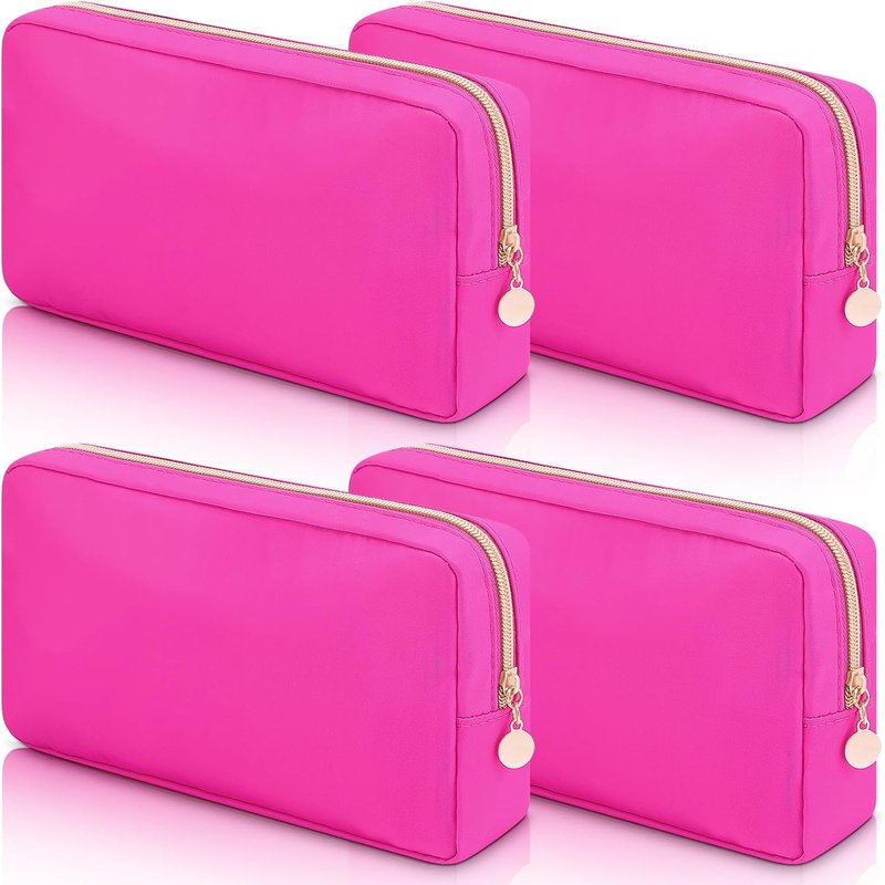 Hushee Nylon Makeup Bag Set - 4 Pcs Waterproof Travel Organizer | Small Hot Pink Zipper Pouch