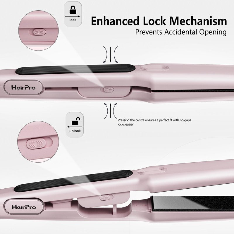 HeirPro Ceramic Flat Iron Hair Straightener with 3D Floating Plate,Hair Iron Straightener with 15 Temps for Thick Hair | Ergonomic Silicone Handle | LCD Display | Dual Voltage (Light Pink)
