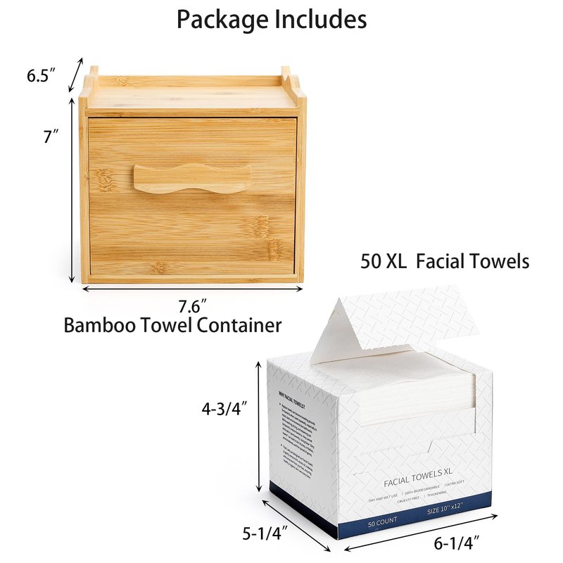 Jucoan Bamboo Towel Container with 50 Count XL Disposable Face Towel, Bamboo Storage Box with Drawer for Makeup Remover Dry Wipes, Disposable Washcloths, Bathroom Desktop Organizer