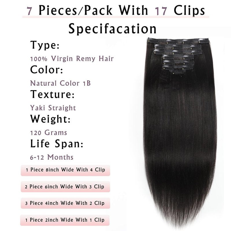 Anrosa Yaki Hair Clip in Yaki Hair Extensions Clip in Human Hair for African American Yaki Straight Clip ins Natural Hair Thick Volume Natural #1B 10 inch 120 Gram