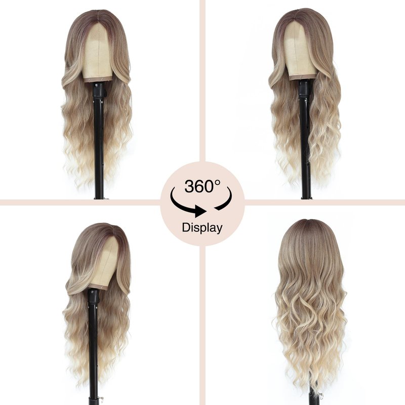 NAYOO Long Wavy Blonde Wig for Women - 26 Inch Ash Blonde Ombre Wig with Dark Roots, Natural Looking Dirty Blonde Ombre Wig, Middle Part Heat Resistant Fiber Wig for Daily Wear Party Cosplay