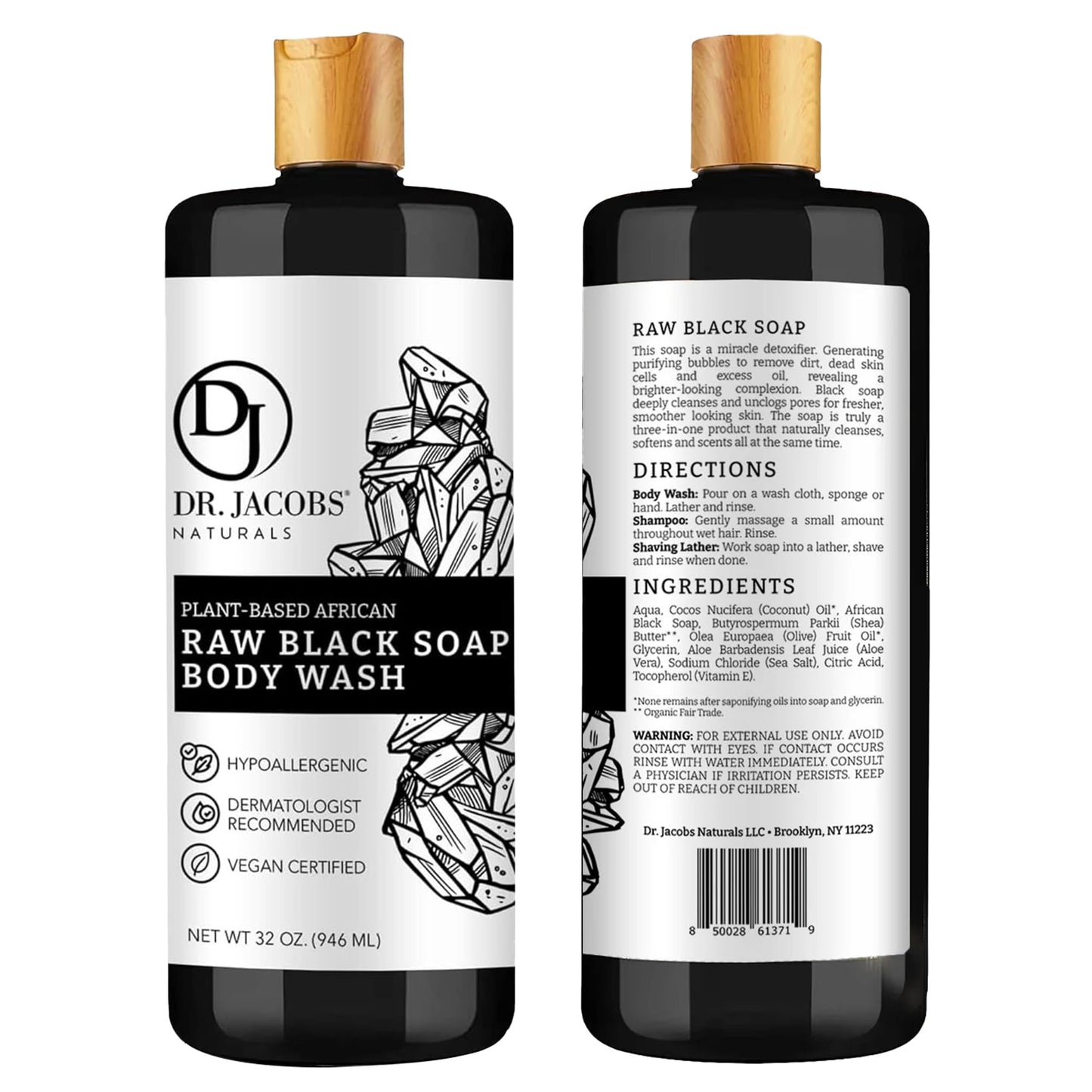 Dr Jacobs Naturals Authentic African Raw Black Soap, All-In-One Cleanser for Face Wash, Sensitive Skin Body Wash, Shampoo, Shaving Soap | Shea Butter Moisturizing and Nourishing Formula | 32oz 1pk