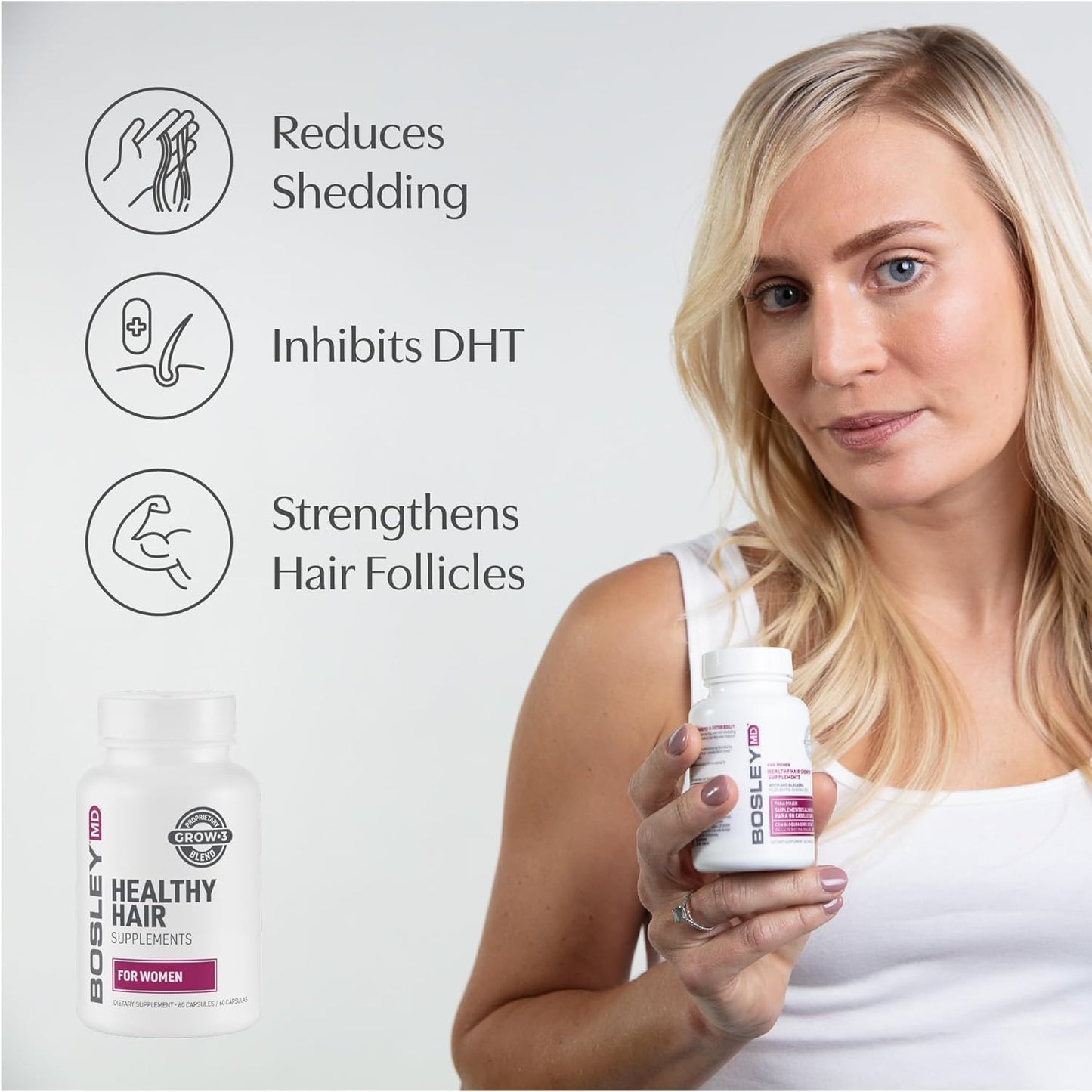 BosleyMD Women's Hair Growth Supplements - Thicker, Fuller Hair with DHT-Blocking Botanicals | 60 Capsules (2-Month Supply)