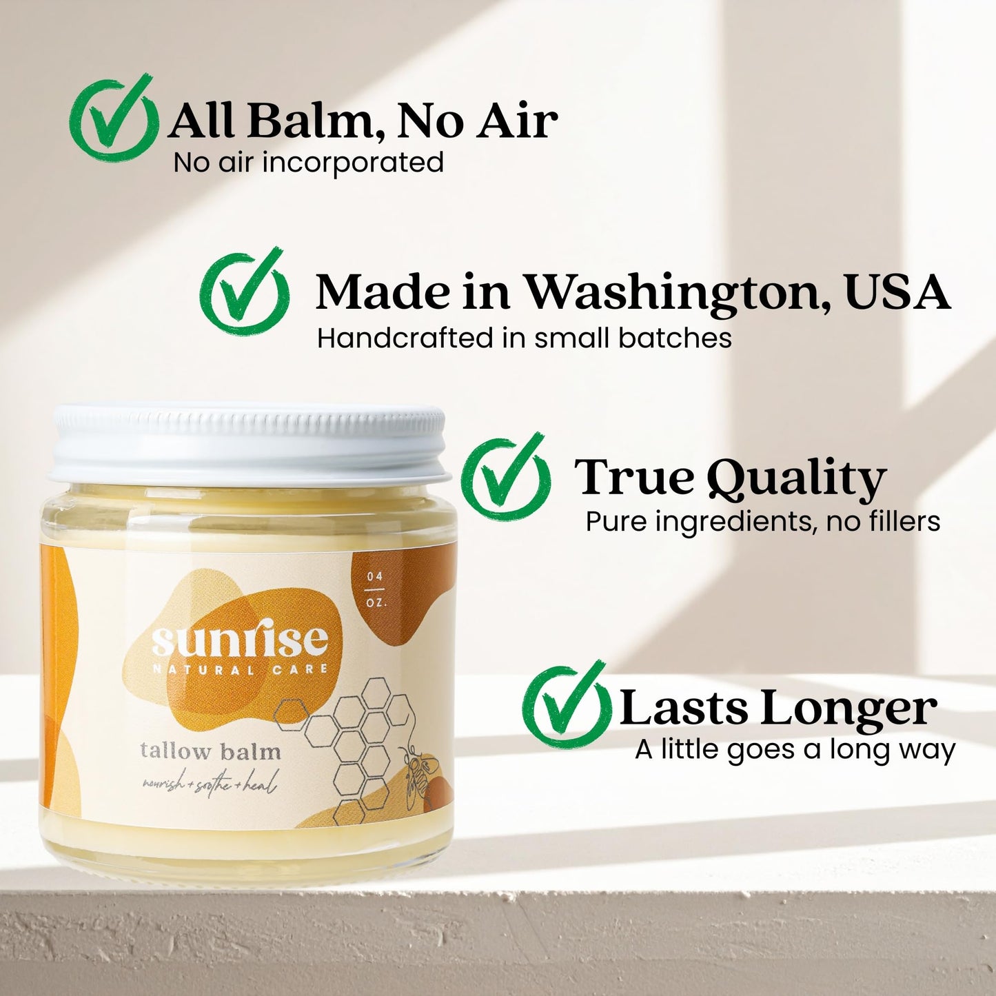 Sunrise Natural Care Unwhipped Honey and Tallow Balm - Body and Face Moisturizer - 100% Grass Fed Beef Tallow - 4 Ounces - Unscented (no essential oils)