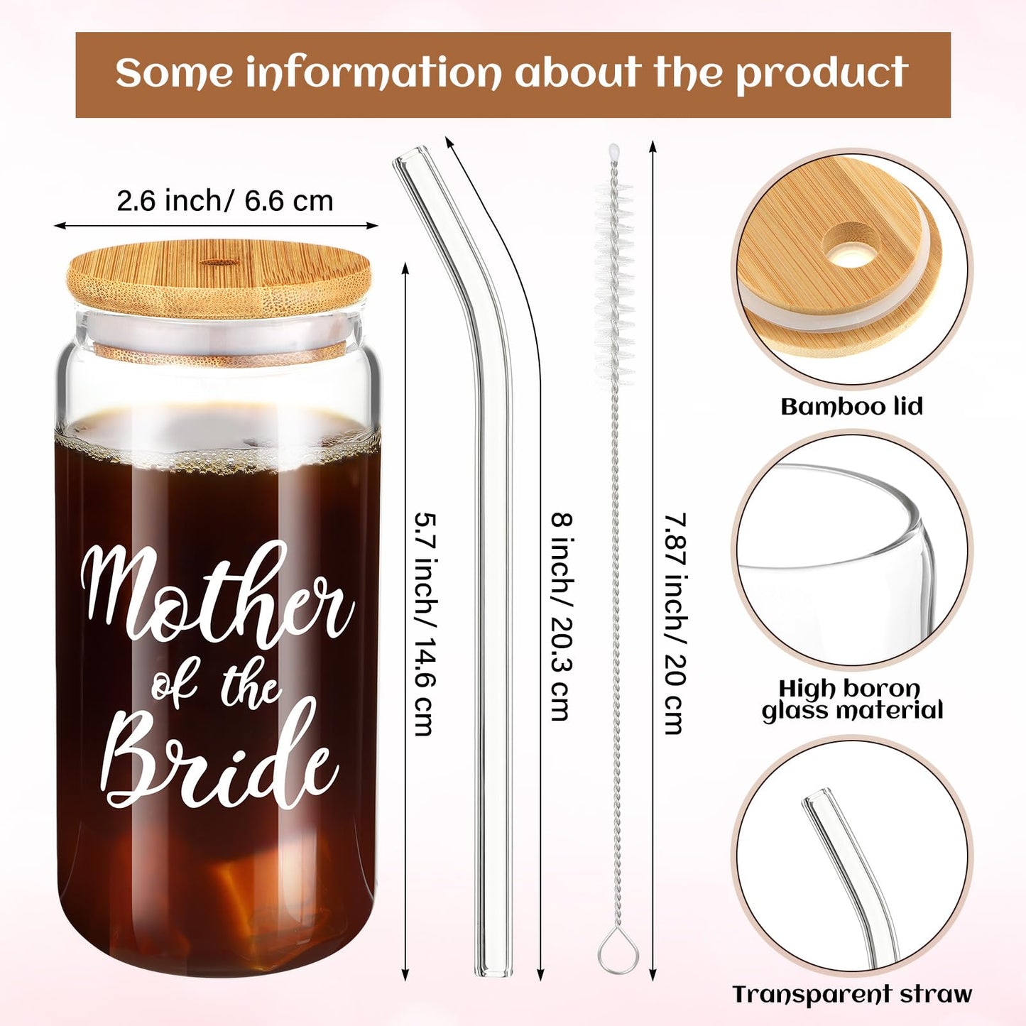 Zubebe 3 Pcs Mother of the Bride Groom Gifts Cup for Wedding Bridal Shower Include Glass Tumbler Canvas Tote Bag Makeup Bag(Mother of the Bride)