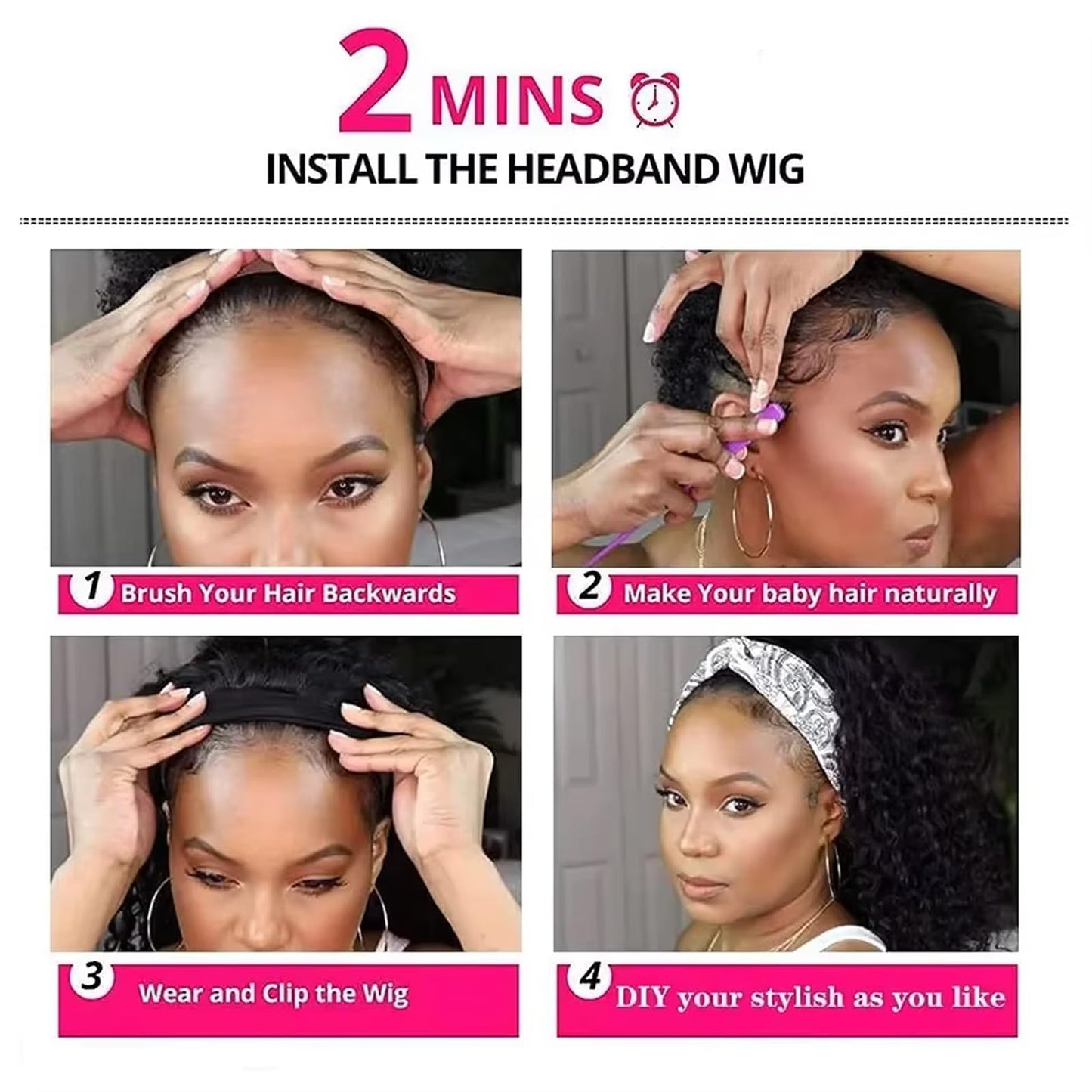 Punmasa Headband Wig Human Hair Deep Wave 12 Inches None Lace Front Wig Human Hair Machine Made Wigs 150% Density Headband Curly Human Hair Wigs for Women Natural Color Half wig